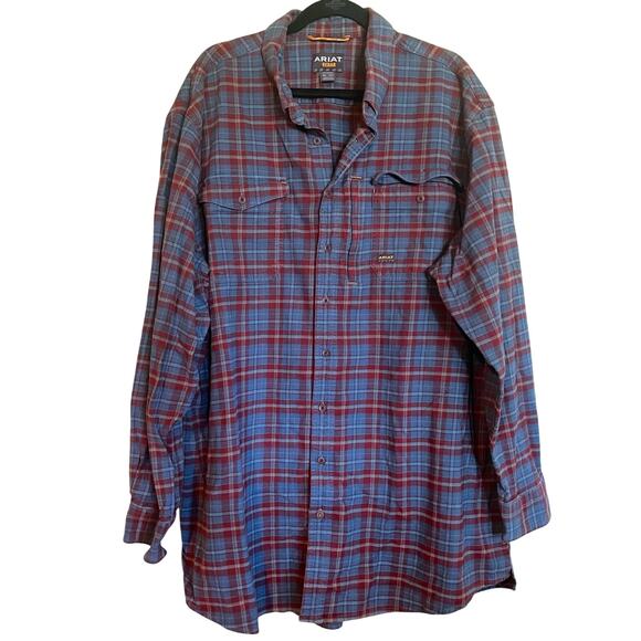 Ariat Rebar Shirt Button Down Long Sleeve Plaid Flannel Blue Red Mens 3X Tall - Picture 1 of 4